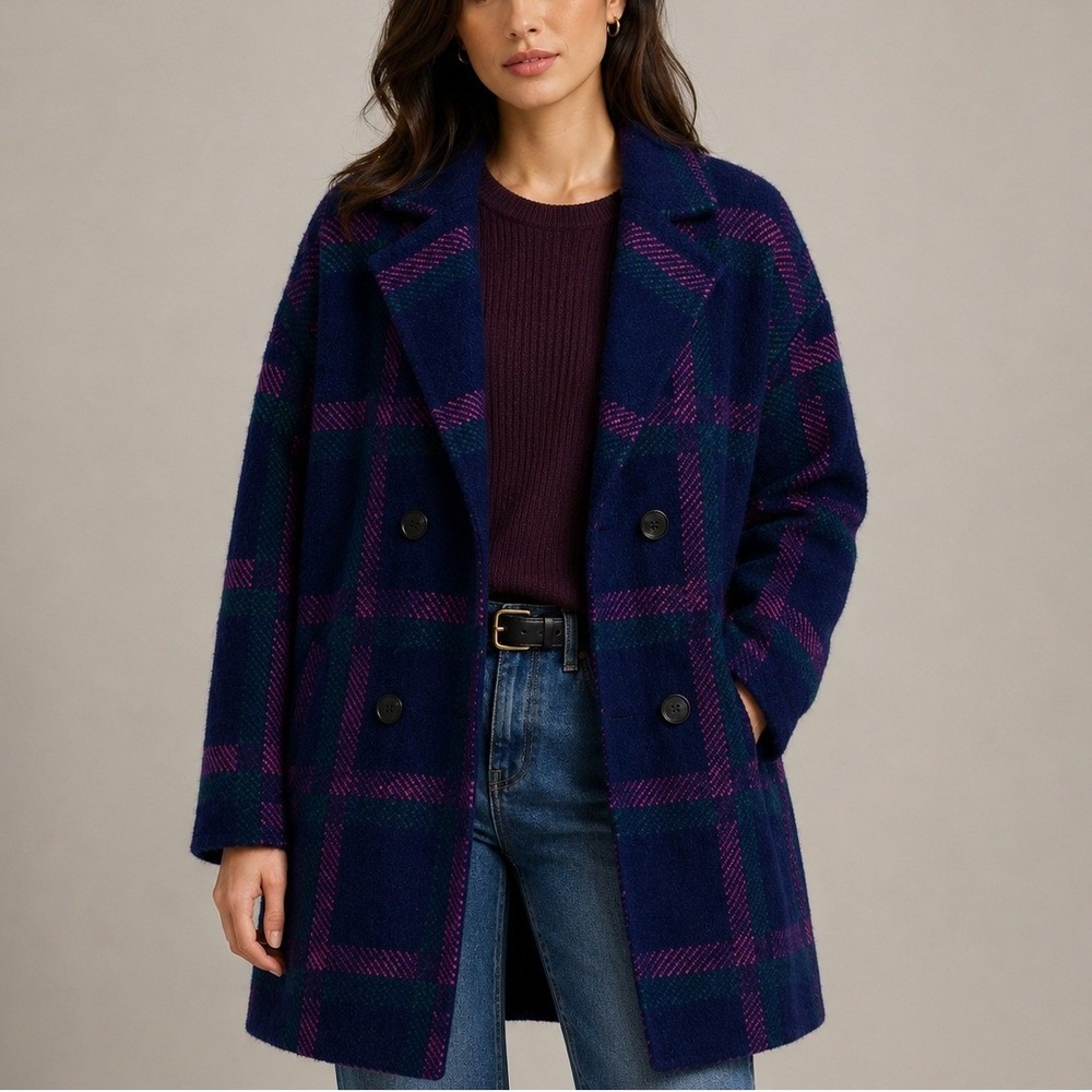 NVLT Anthropologie Plaid Eyelash Knit Coat XS Navy Magenta Double Breasted Cozy